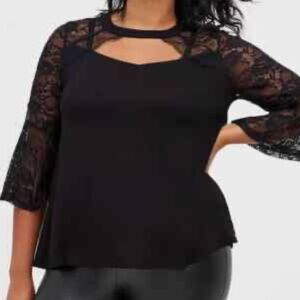 Torrid Womens Plus Size 5X Black Lace top Blouse Super Soft Knits Cutout front